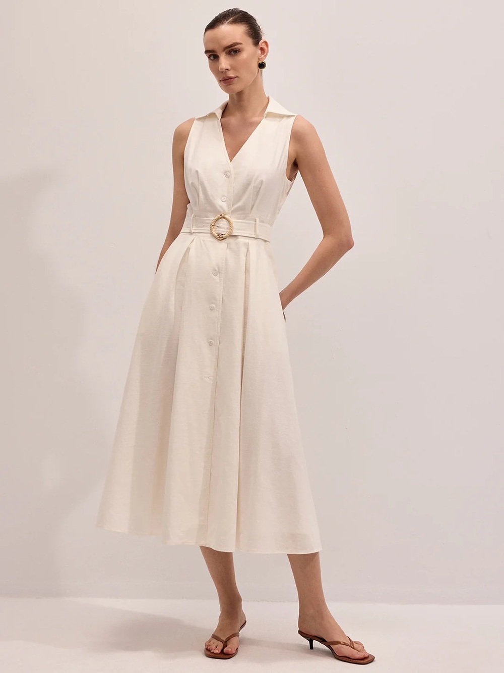 181 Cotton Linen Sleeveless Belted Midi Dress